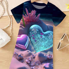 Girls 3D Heart Graphic Short Sleeve Dress Sweet Summer Clothes