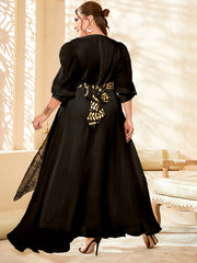 Colorblock Golden Leaf Puff Sleeve V-Neck Maxi Dress