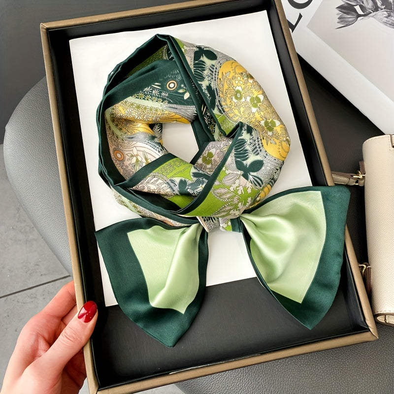 Classic Long Skinny Scarf Floral Print Satin Twilly Neckerchief