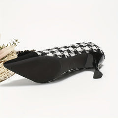 Houndstooth High Heels Rhinestone Buckle Cap Toe Stiletto Pumps