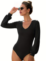 Solid Bodysuit Lantern Sleeve V Neck Casual One Piece Bodysuit