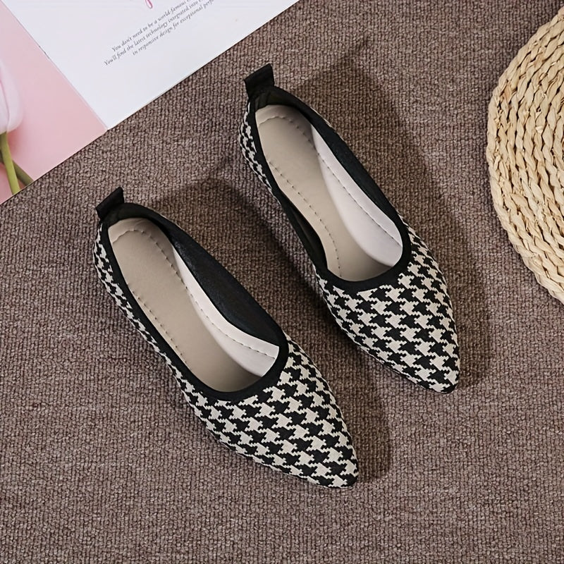 Women's Houndstooth Flat Shoes Point Toe Lightweight Work Dress Shoes