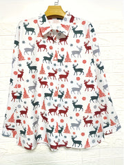Plus Size Christmas Elk & Tree Print Long Sleeve Blouse