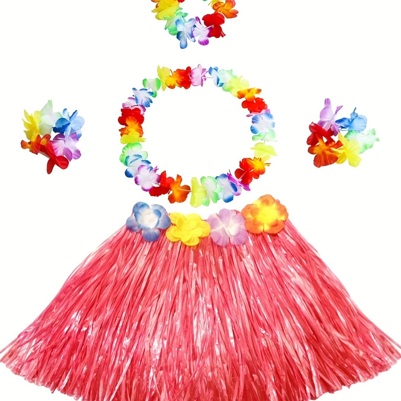 Girls Hawaiian Grass Skirt & Flowers Hula Set Costume for Halloween Party