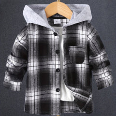 Boys Plaid Hooded Jacket Long Sleeve Button Down Outwear