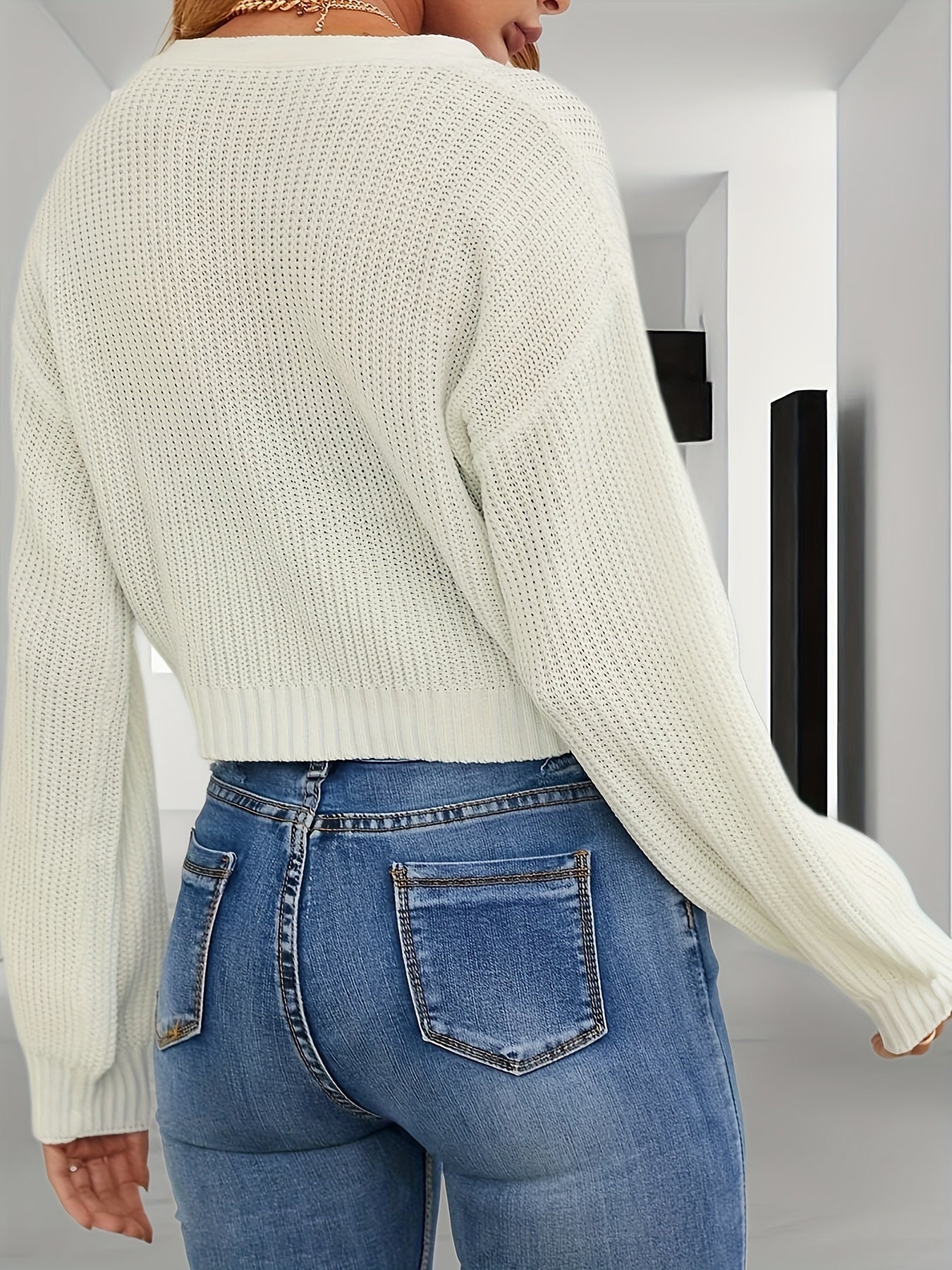 Solid Button Up Crop Cardigan Casual Long Sleeve Sweater