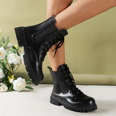 Women's British Style Combat Boots Lace Up Short Stretch Fabric Sided Boots