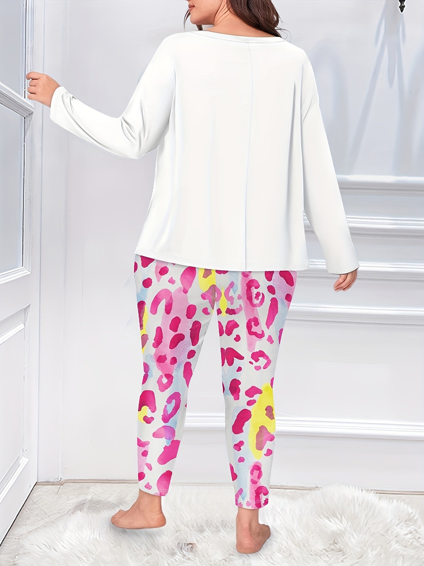 Women's Plus Leopard Kiss & Letter Print Pajamas Set