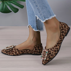 Women's Rhinestone Point Toe Slip On Leopard Print Flats