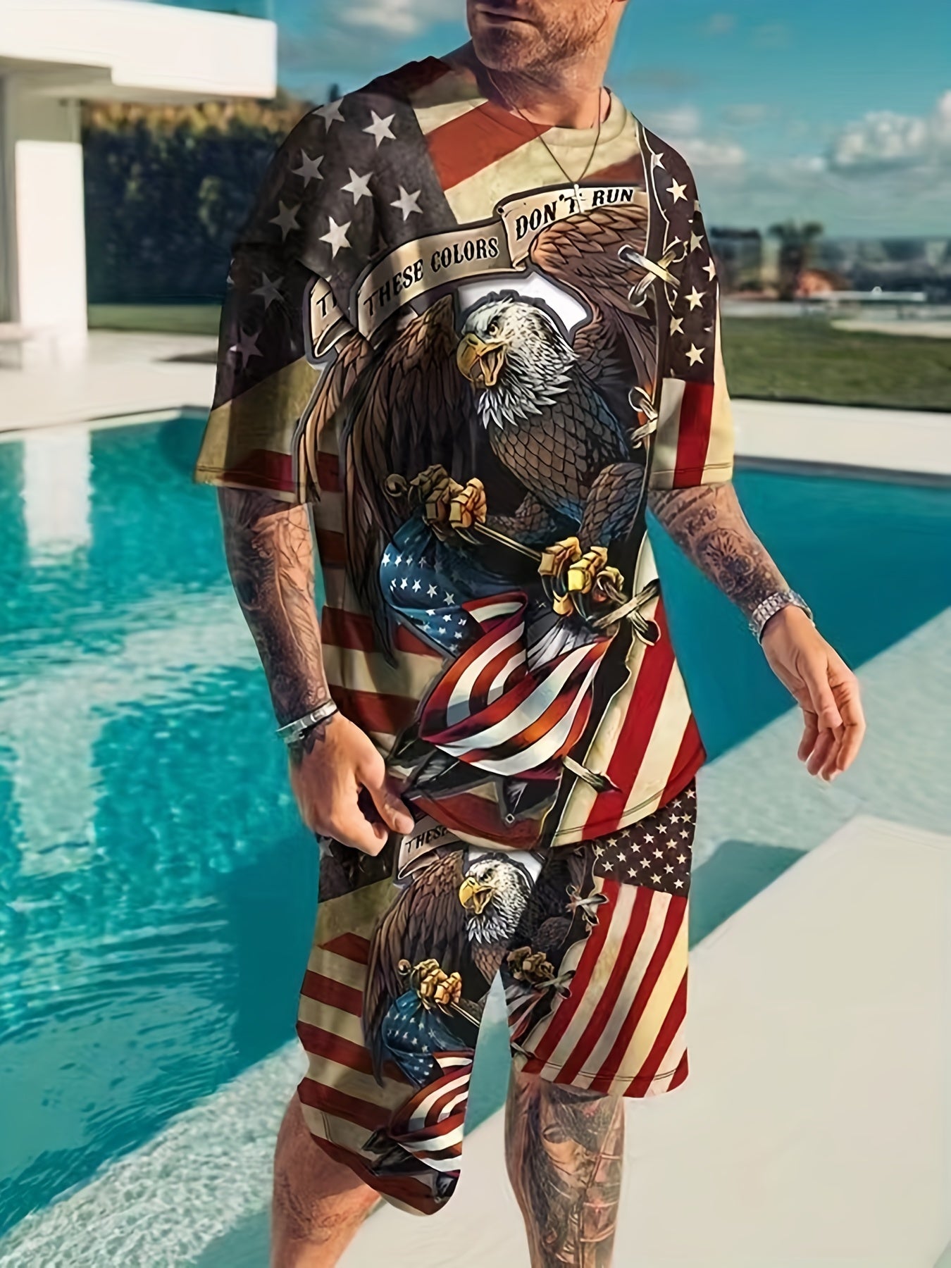 Men's Vintage Eagle & American Flag Graphic T shirt & Shorts