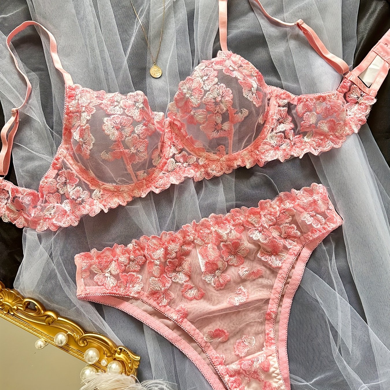 Floral Embroidery Lingerie Set Mesh Bra & Panties