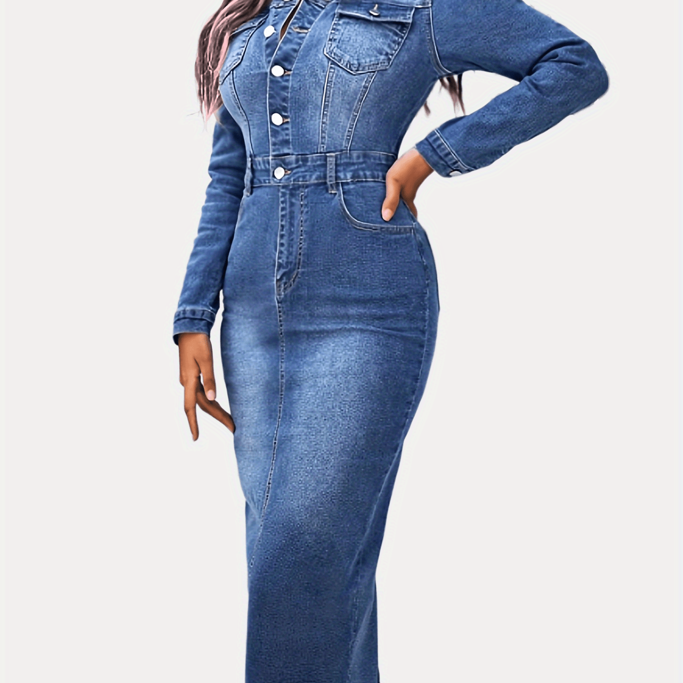 Long Sleeves Denim Dress Slim Fit Single Breasted Button Split Denim Dress