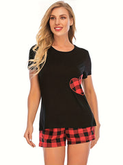 Heart Print Pajama Set Crew Neck Top & Plaid Shorts