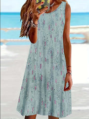 Casual Tank Dress Allover Print Round Neck Slight Stretch