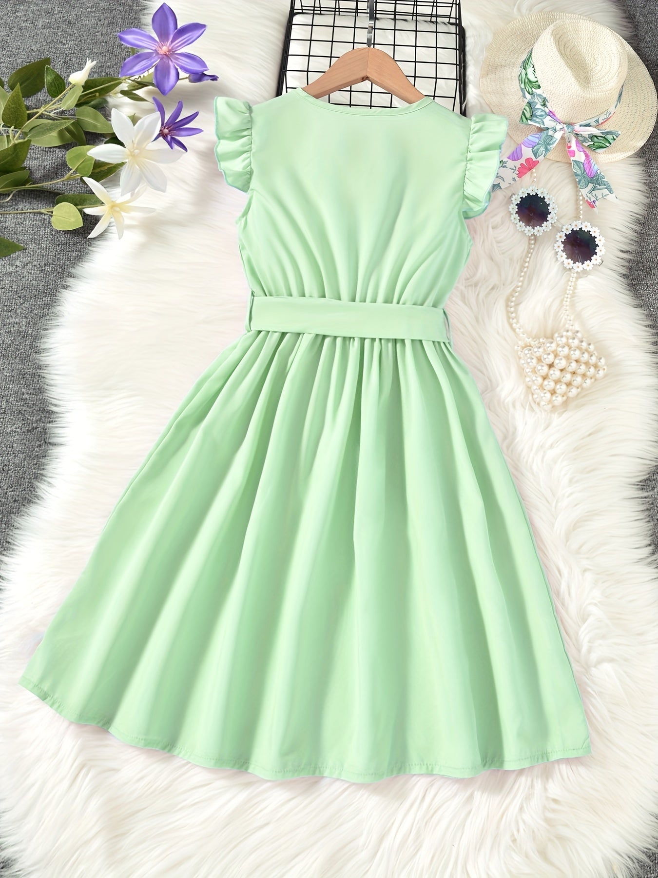 Girls Ruffled Sleeveless Dress with Bow Belt