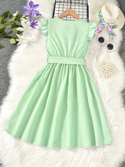 Girls Ruffled Sleeveless Dress with Bow Belt