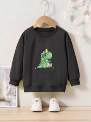 Christmas Cartoon Dinosaur Print Girls Casual Pullover Sweatshirt