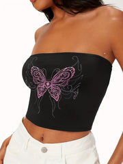 Butterfly Print Crop Tube Top Sleeveless Summer Casual Top