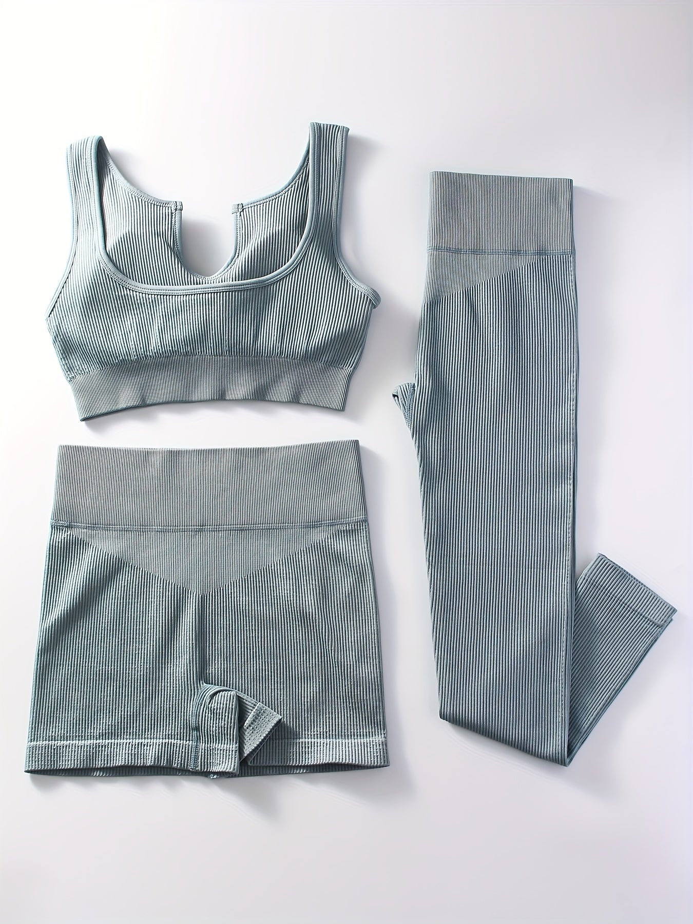 Ribbed Yoga Workout Set Sports Bra, Shorts, Leggings