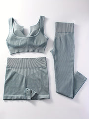 Ribbed Yoga Workout Set Sports Bra, Shorts, Leggings