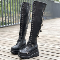 Chunky Lace-Up Knee High Boots Platform Wedge Heel Punk Footwear