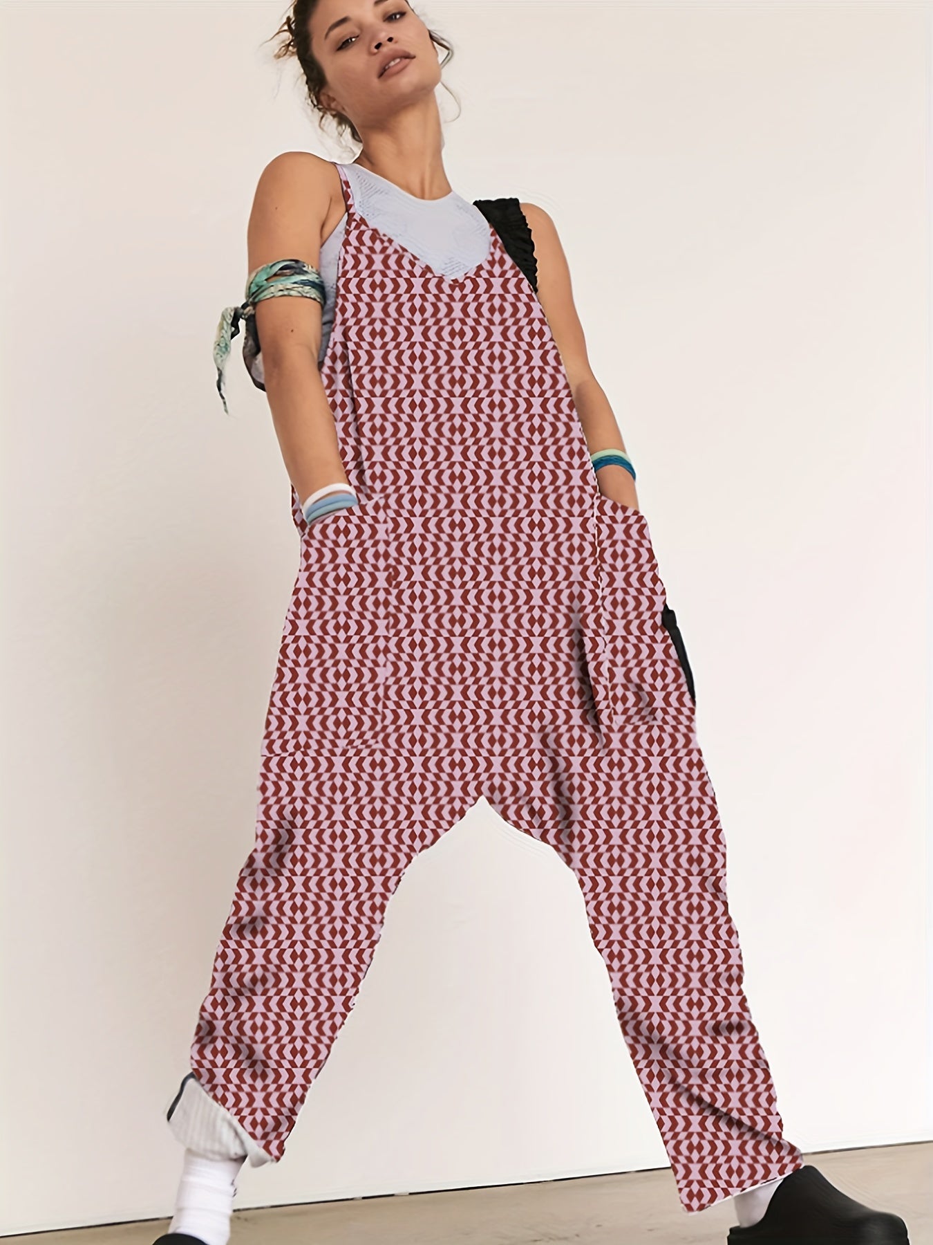 Striped Dual Pockets Overall Baggy Jumpsuit for Women