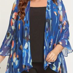Random Print Long Sleeve Cover Up & Tank Top Outfits Set