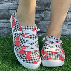 Heart & Checked Print Canvas Skate Shoes