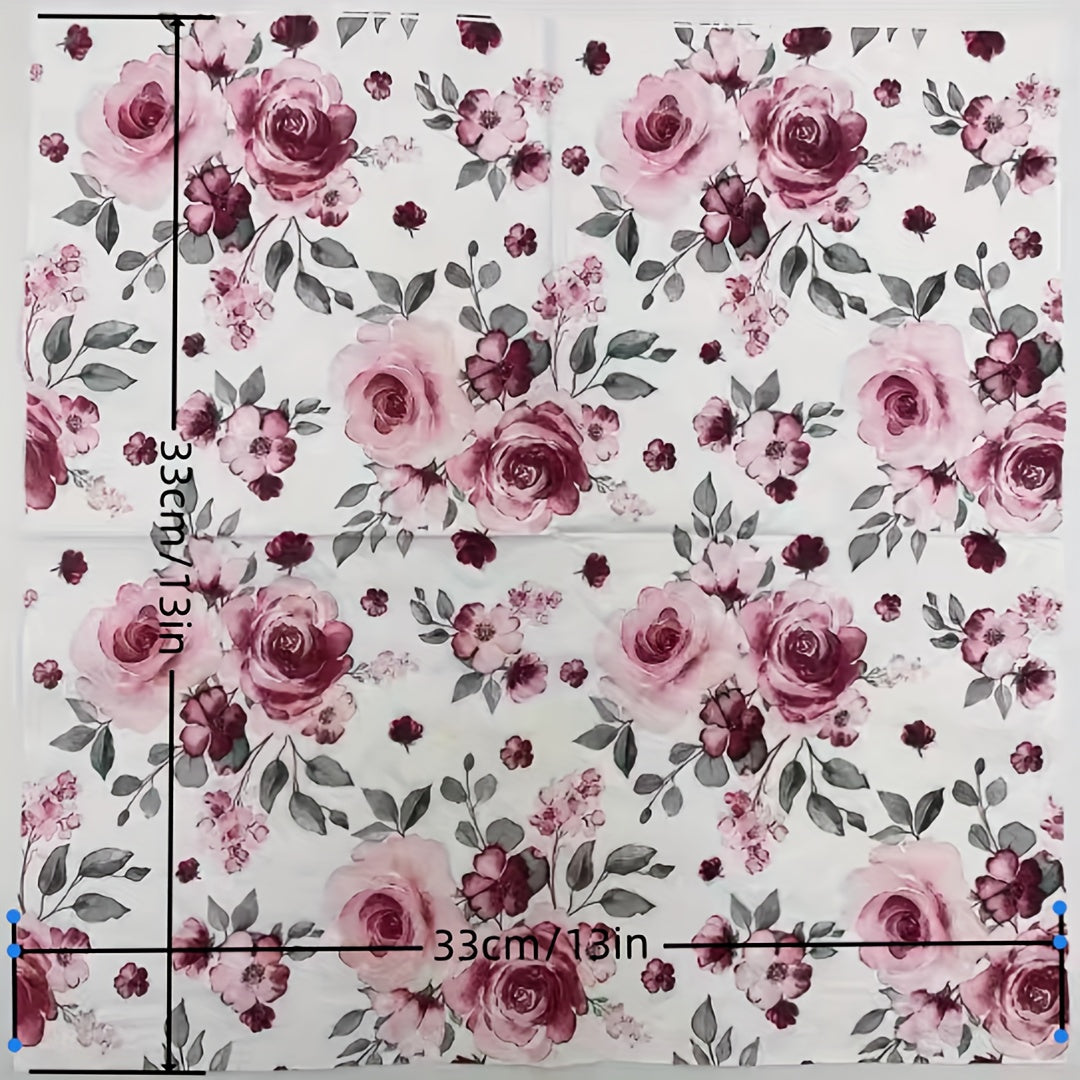 20 Pack Disposable Red Rose Print Napkins, Soft & Absorbent