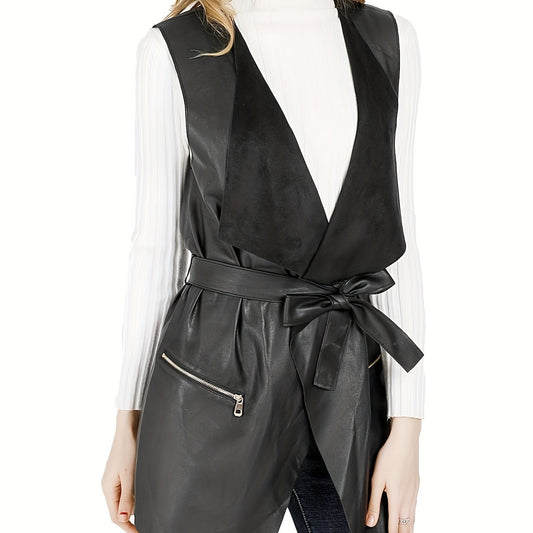 Faux Leather Sleeveless Vest Casual Solid Zipper Versatile Vest