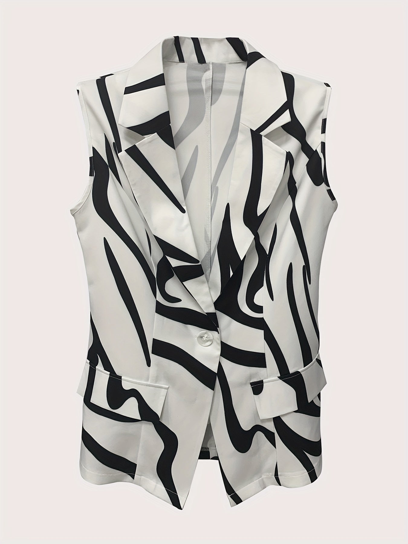 Graphic Print Lapel Belted Blazer Sleeveless Casual Blazer