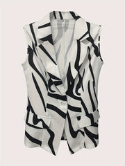 Graphic Print Lapel Belted Blazer Sleeveless Casual Blazer