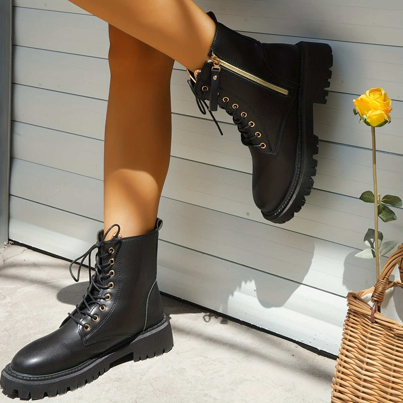 Women's Solid Combat Boots Lace Up Side Zipper Ankle Boots
