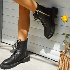 Women's Solid Combat Boots Lace Up Side Zipper Ankle Boots