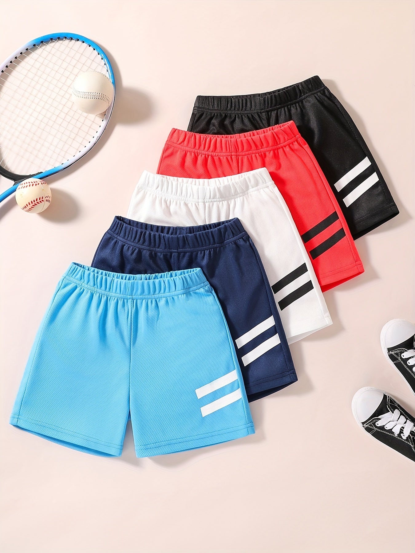 5pcs Boys Stripe Print Quick Dry Shorts for Summer Outdoor