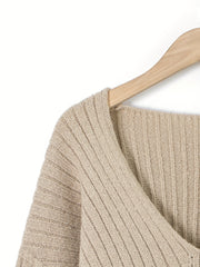 Casual Sweater Women's Plus Ribbed Lantern Sleeve V Neck Jumper