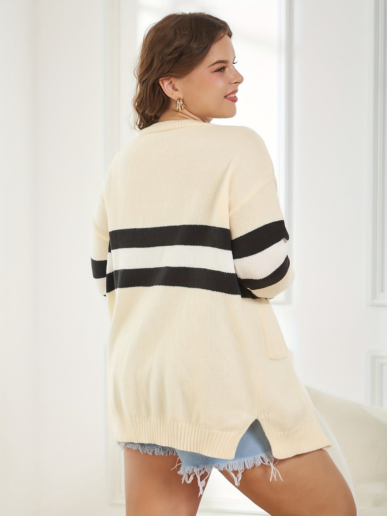 Plus Stripe Long Sleeve Cardigan with Pockets