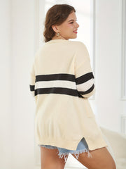 Plus Stripe Long Sleeve Cardigan with Pockets