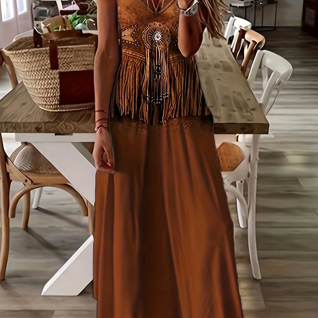 Boho Dress Women Tribal Print V Neck Maxi Cami D