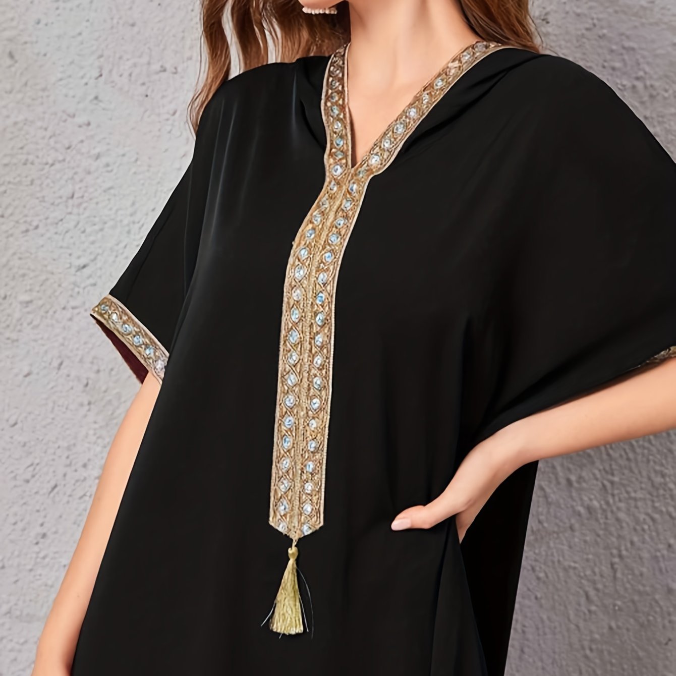Contrast Guipure Lace Fringed Kaftan Dress