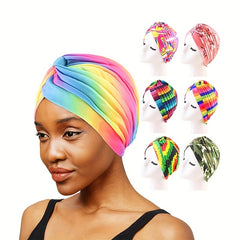 Rainbow Print Knot Turban Cap Pleated Hijab Chemo Hat Elastic Beanie Bonnet