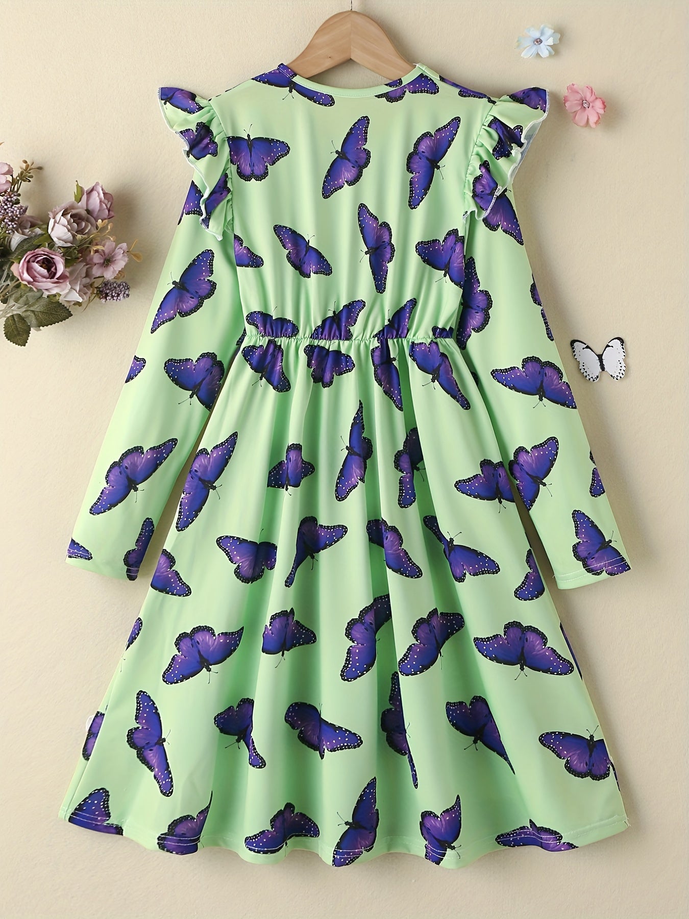Girls Butterfly Print Ruffle Princess Dress Long Sleeve Holiday Party Outfit