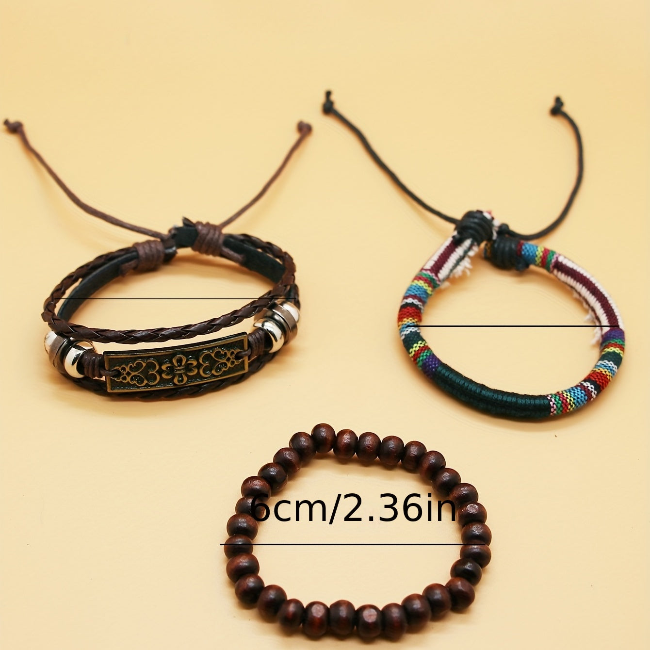 3 Pcs Pack Vintage Woven Bracelet Metal & Wooden Beads Charm Punk