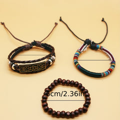 3 Pcs Pack Vintage Woven Bracelet Metal & Wooden Beads Charm Punk