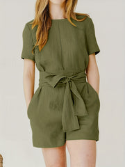 Solid Romper Casual Short Sleeve Knotted Zipper Romper