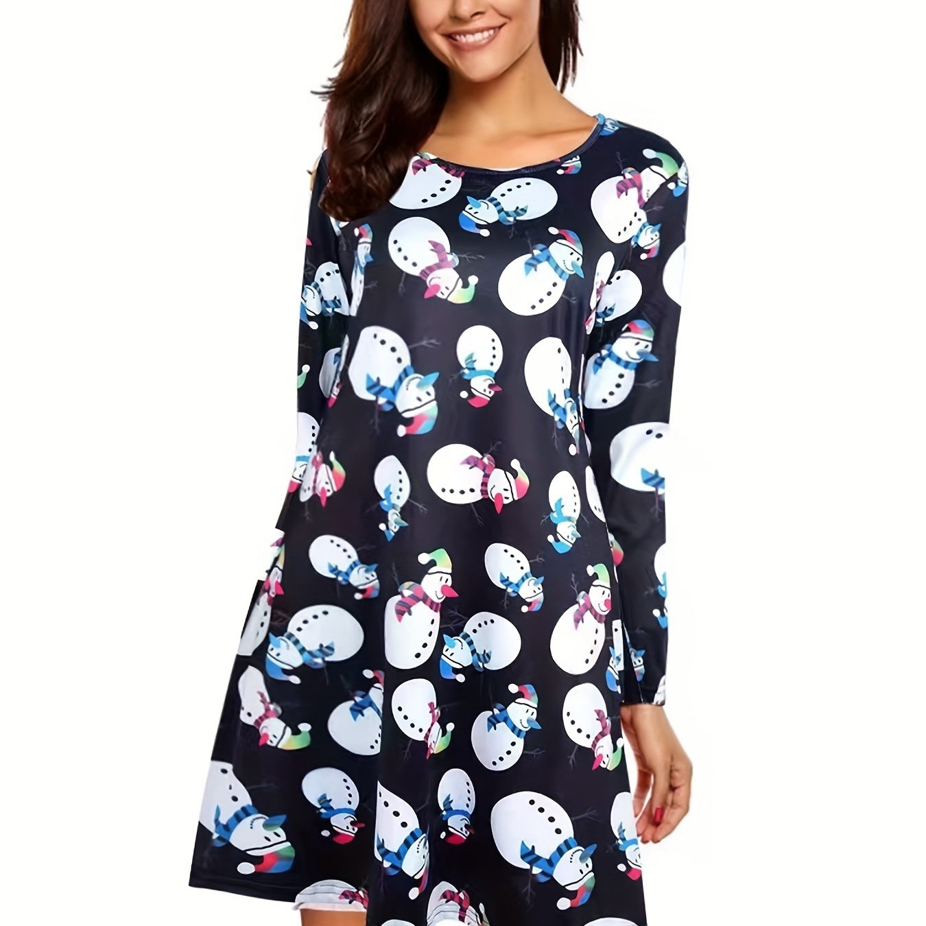 Plus Size Christmas Snowman Print Long Sleeve Mini Dress