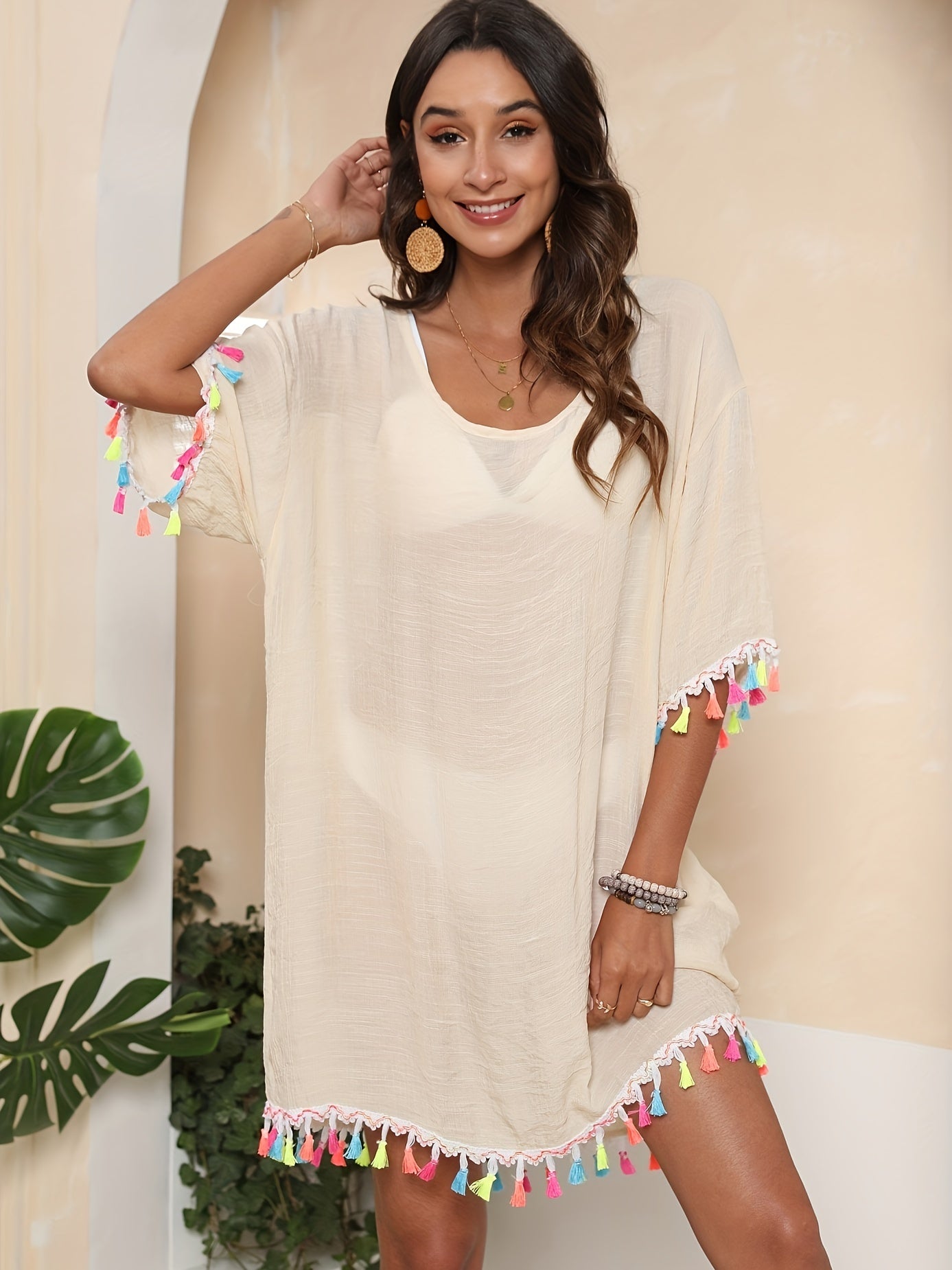 Colorful Tassel Trim Tie Back Coverup 3/4 Sleeve Sheer Dress Kaftan