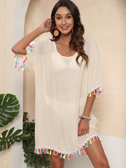 Colorful Tassel Trim Tie Back Coverup 3/4 Sleeve Sheer Dress Kaftan