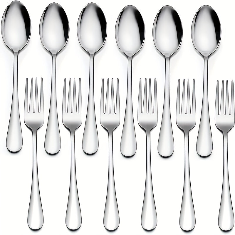12pcs Stainless Steel Dessert Fork & Spoon Set for Home Kitchen Restaurant