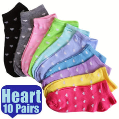 10 Pairs Heart Print Crew Socks, Women's Low Cut Ankle Stockings